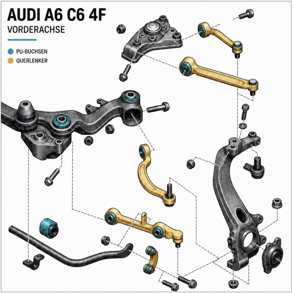 Querlenkersatz Vorderachse Audi A6 S6 RS6 C6 4F Strongflex PU-Buchsen 80 Shore Plug & Play